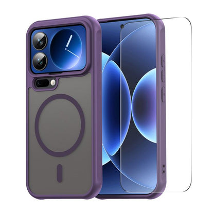 Purple phone case with MagSafe ring and matte finish, with clear screen protector