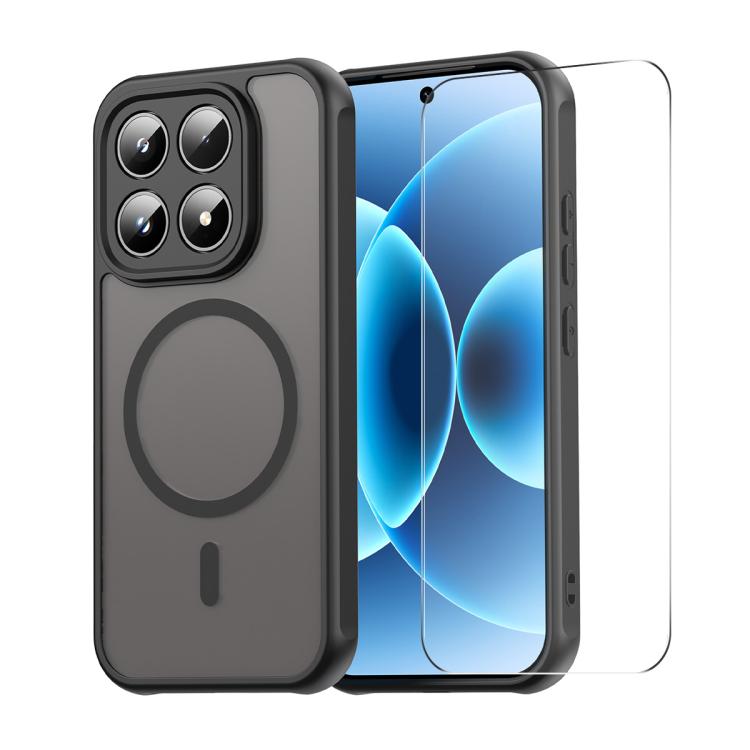 Black phone case with MagSafe ring and matte finish, with clear screen protector