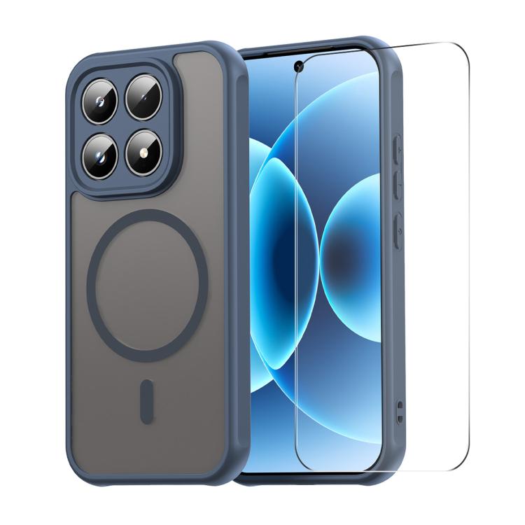 Dark blue phone case with circular ring and clear tempered glass screen protector
