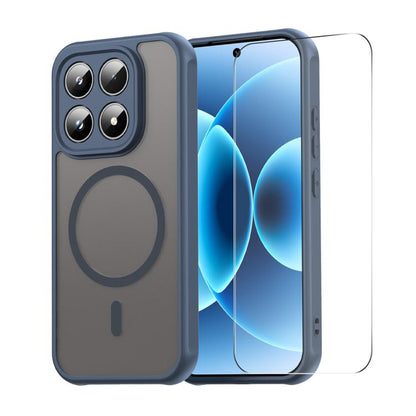 Dark blue phone case with circular ring and clear tempered glass screen protector