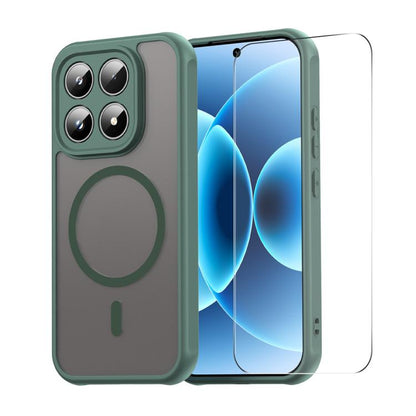 Green phone case with circular ring and clear tempered glass screen protector