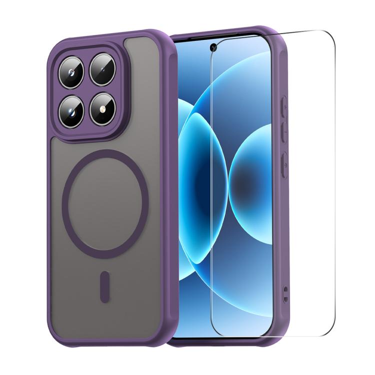 Purple phone case with circular ring and clear tempered glass screen protector