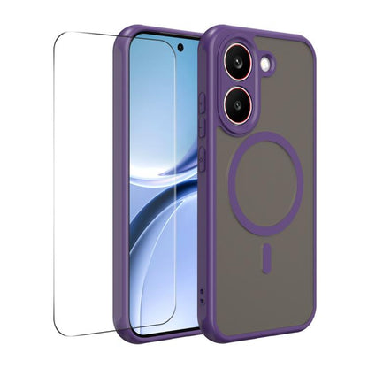 Purple phone case with MagSafe ring and matte finish, with clear screen protector