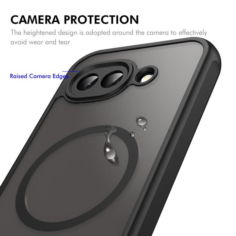 Gray phone case with raised camera edges and circular grip for Pixel 10a