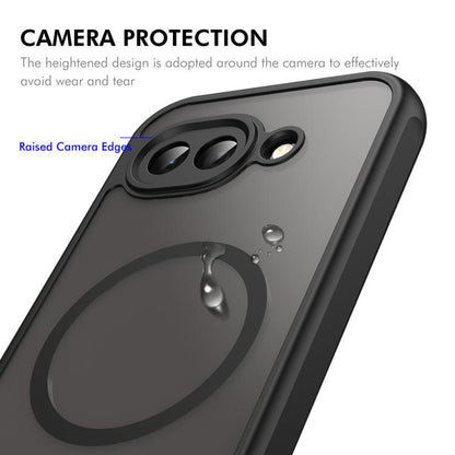 Gray phone case with raised camera edges and circular grip for Pixel 10a