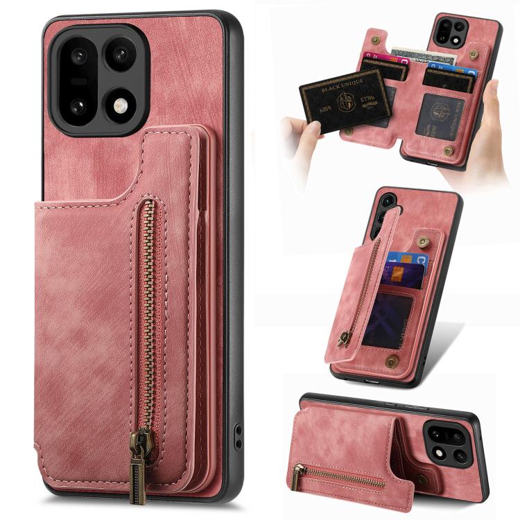 Pink leather-style wallet phone case with card holder and zipper pocket