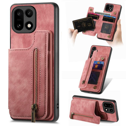 Pink leather-style wallet phone case with card holder and zipper pocket