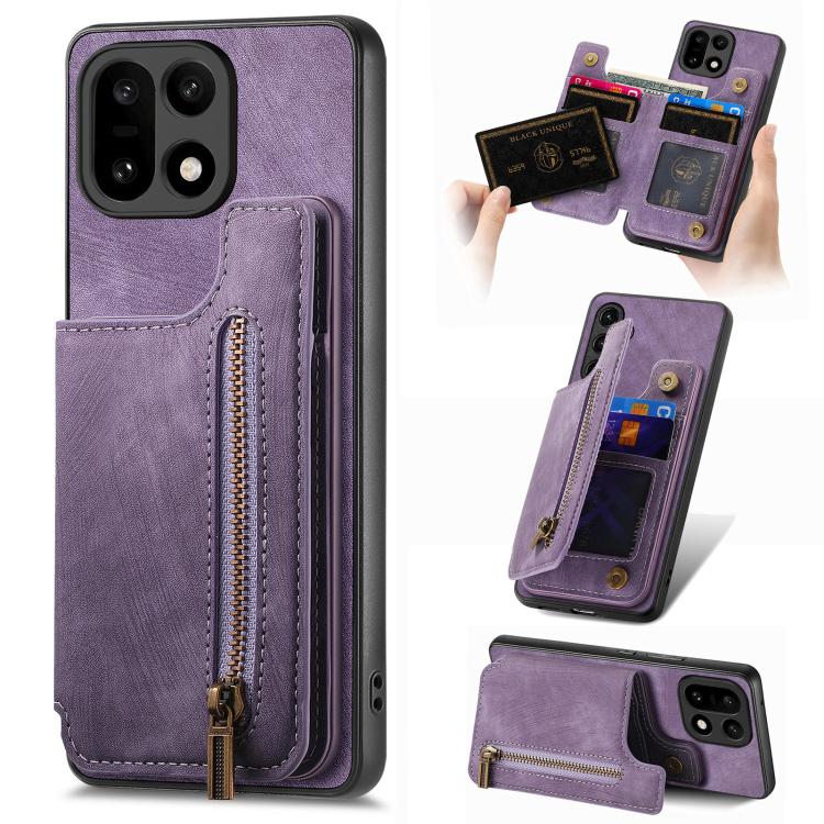 Purple leather-style wallet phone case with card holder and front zipper pocket