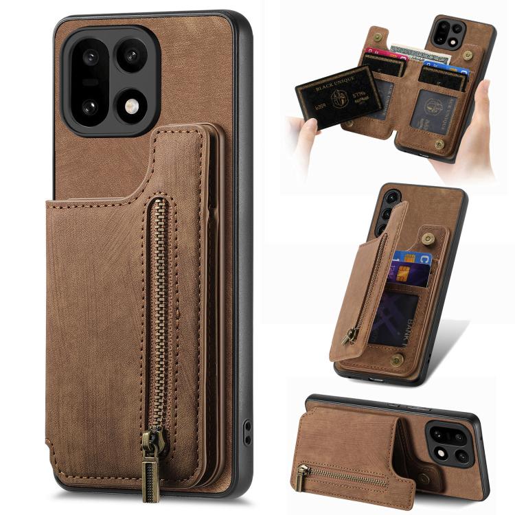 Brown leather-style wallet phone case with built-in card slot and zip pocket