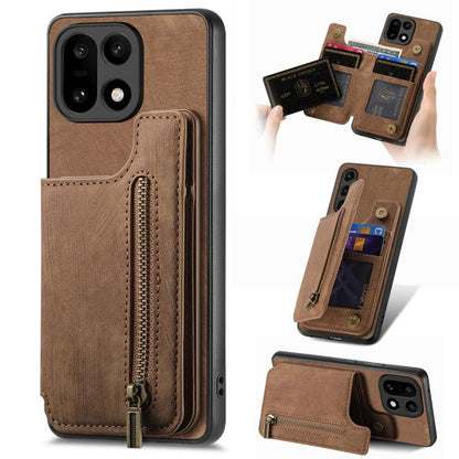Brown leather-style wallet phone case with built-in card slot and zip pocket