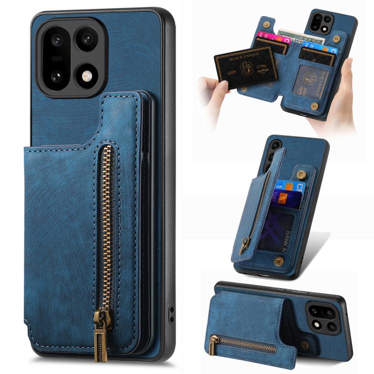 Blue leather-style wallet phone case with card slot and front zipper pocket