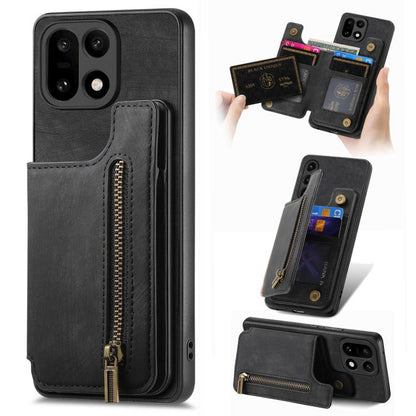 Black leather-style wallet phone case with card holder and front zipper pocket