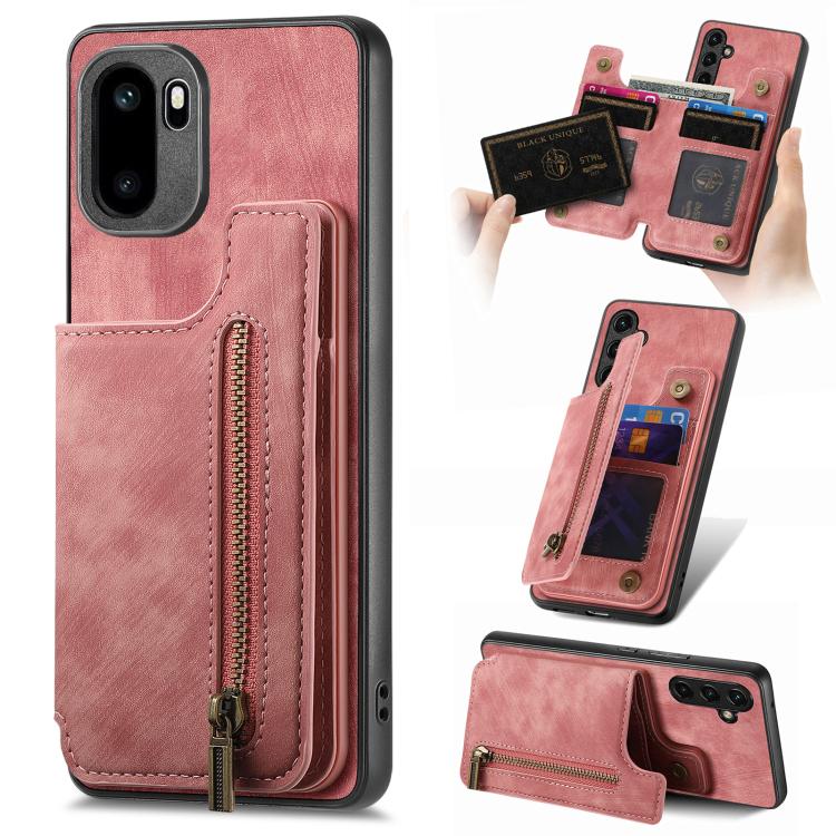 Pink retro leather wallet phone case with zip pocket and card slots, for phone