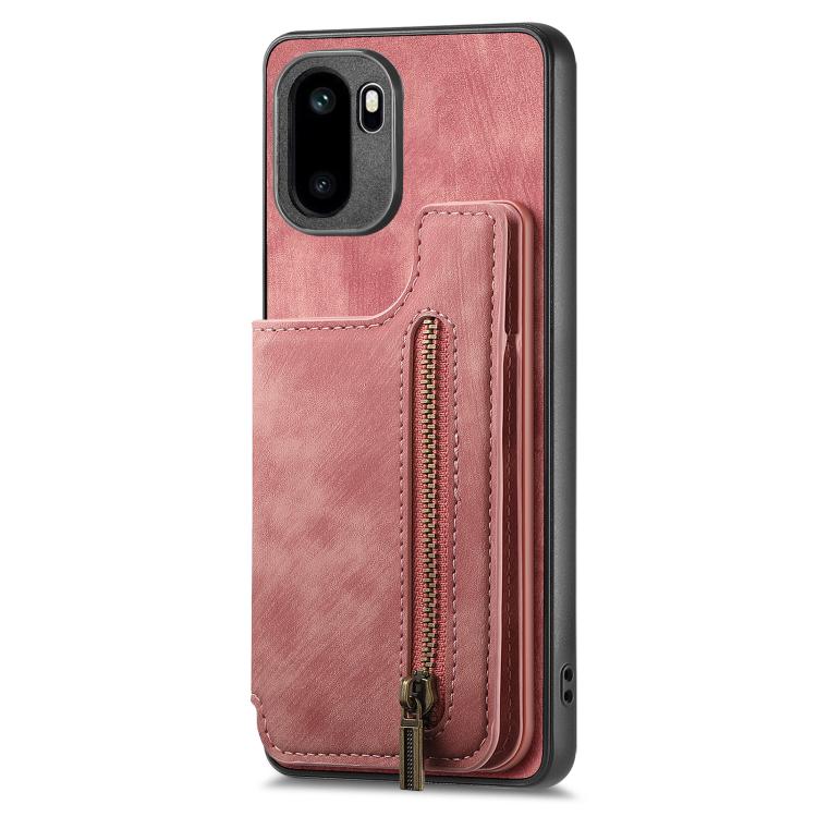Pink leather wallet phone case with front zip pocket and stitched card slot panel