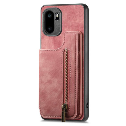 Pink leather wallet phone case with front zip pocket and stitched card slot panel