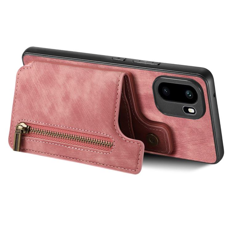 Pink leather wallet phone case with zip closure pocket and card window detail