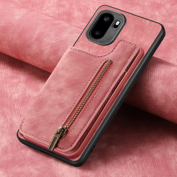 Pink leather wallet phone case close-up with zip pocket and stitched card holder
