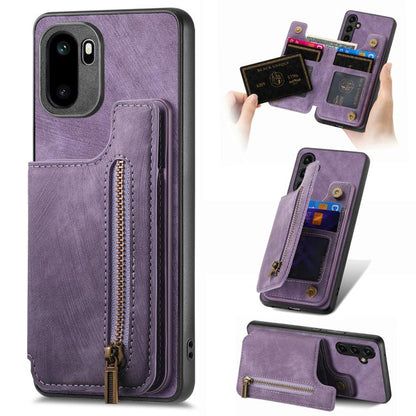 Purple retro leather wallet phone case with zip pocket and card slots, for phone