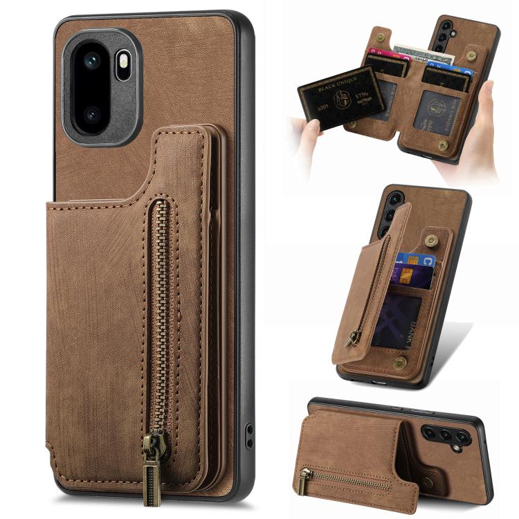 Brown leather wallet phone case with vertical zip pocket and card slot panel