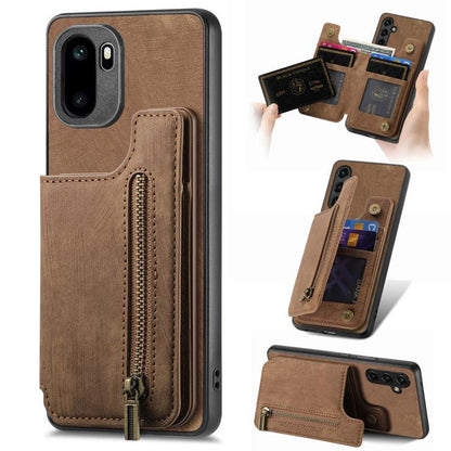 Brown leather wallet phone case with vertical zip pocket and card slot panel