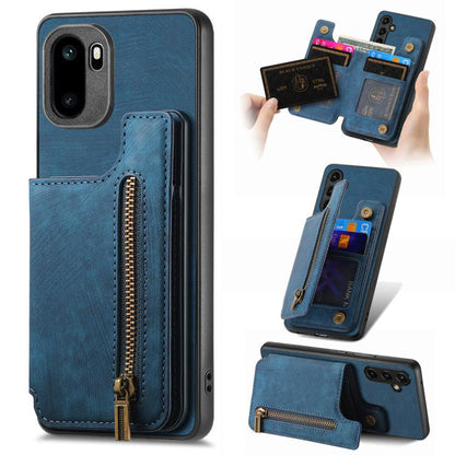 Blue retro leather wallet phone case with zip pocket and card slots, for phone