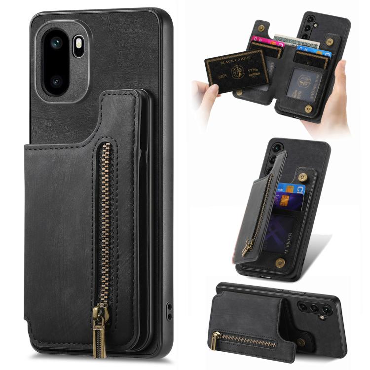 Black retro leather wallet phone case with zip pocket and card slots, for phone
