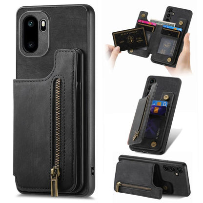 Black retro leather wallet phone case with zip pocket and card slots, for phone