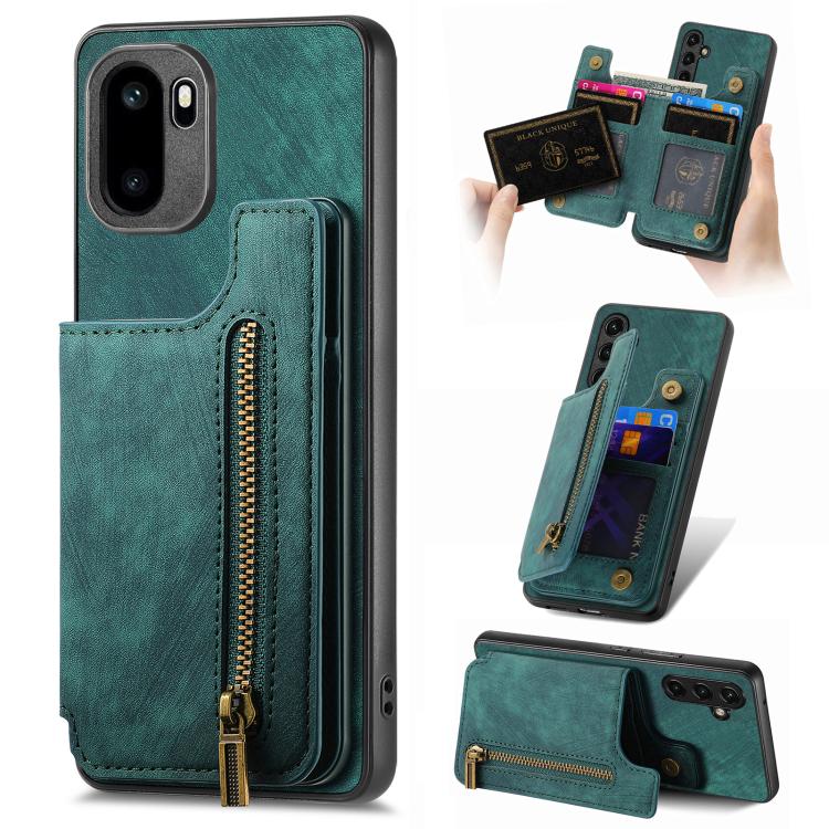 Green retro leather wallet phone case with zip pocket and card slots, for phone