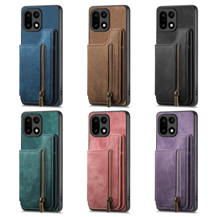 Slim leather-style wallet phone case with zipper pocket, shown in multiple colors