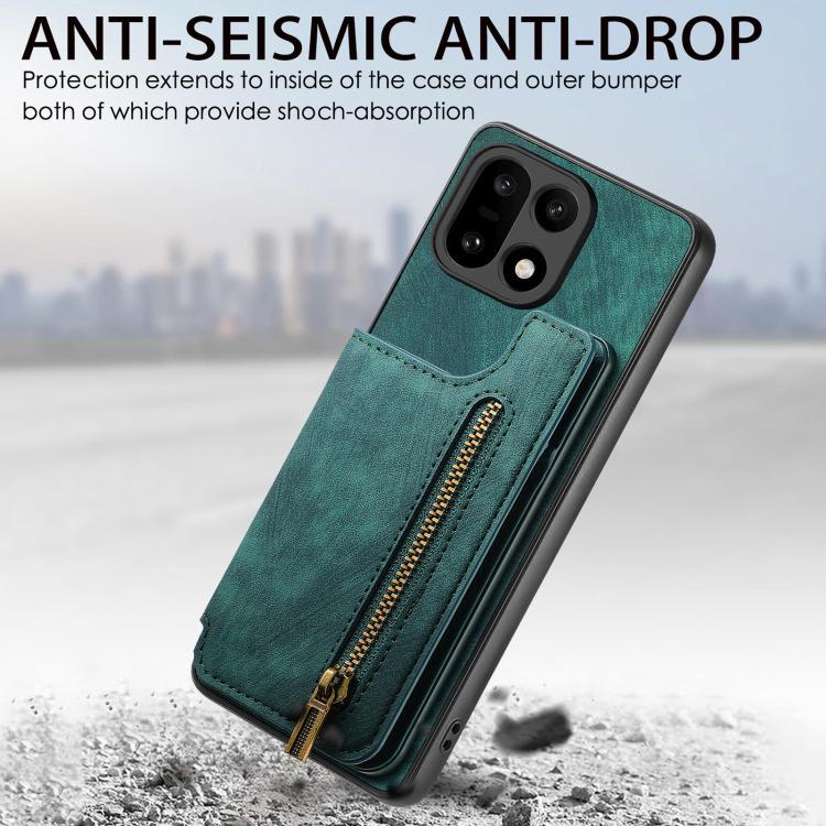 Teal leather-style wallet phone case with card slot and front zipper pocket