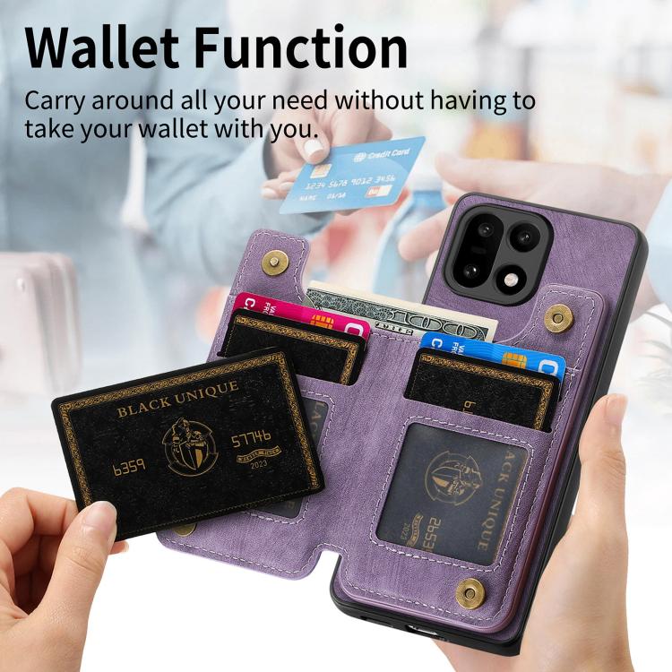 Purple leather-style wallet phone case with card slots and zipper closure