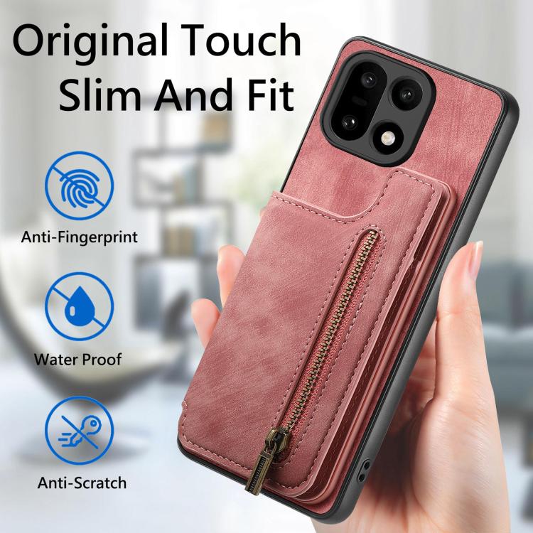 Pink leather-style wallet phone case with front zipper pocket and card holder