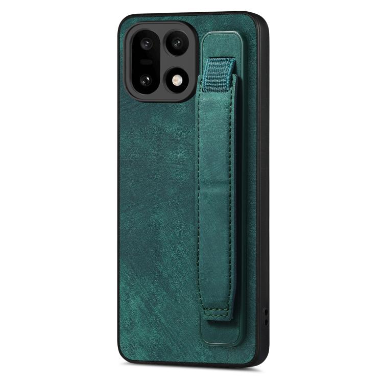 Green leather back phone case with wristband holder strap and camera cutouts.