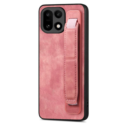 Pink leather back phone case with wristband holder strap and camera cutouts