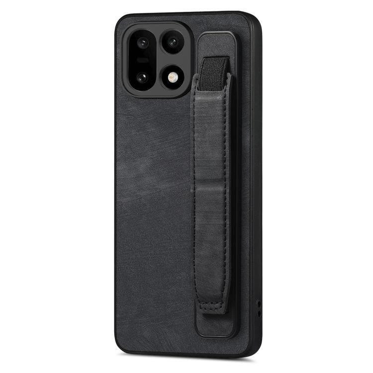 Black leather back phone case with wristband holder strap and camera cutouts