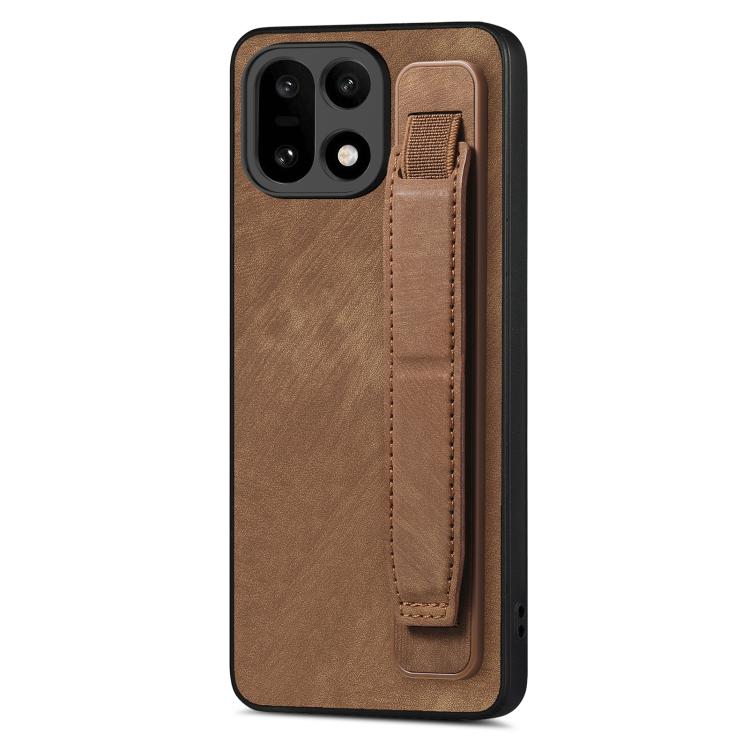 Brown leather back phone case with wristband holder strap and camera cutouts