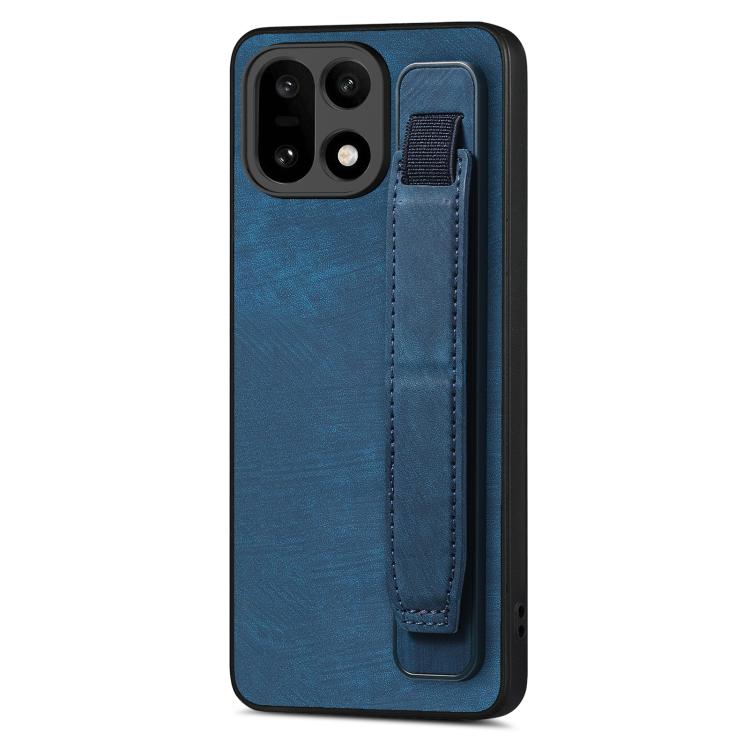 Blue leather back phone case with wristband holder strap and camera cutouts