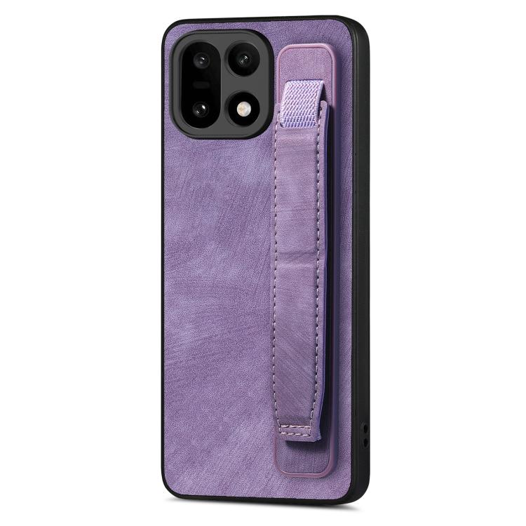 Purple leather back phone case with wristband holder strap and camera cutouts