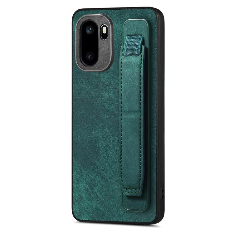 Green leather back phone case with vertical wristband holder strap and camera cutouts.