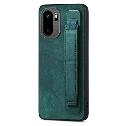 Green leather back phone case with vertical wristband holder strap and camera cutouts.