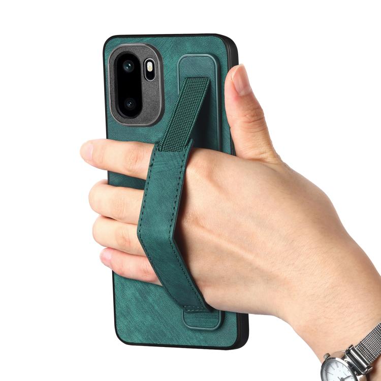 Green leather phone case with wristband strap shown on a hand grip; camera cutouts.