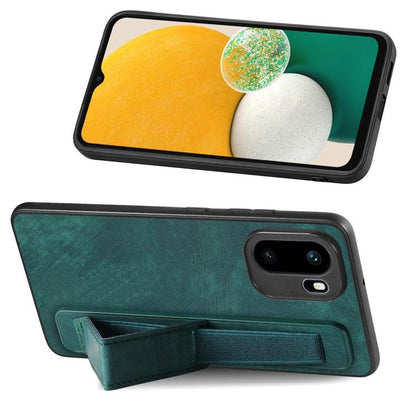 Green leather phone case with wristband strap; front screen and back camera cutout view.