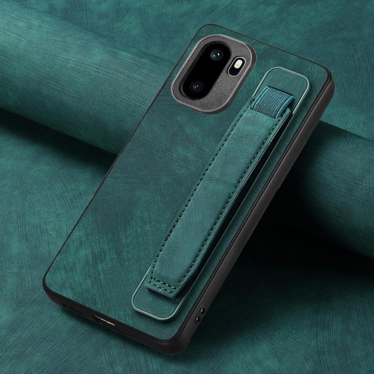 Green leather back phone case with stitched wristband strap and raised camera area.