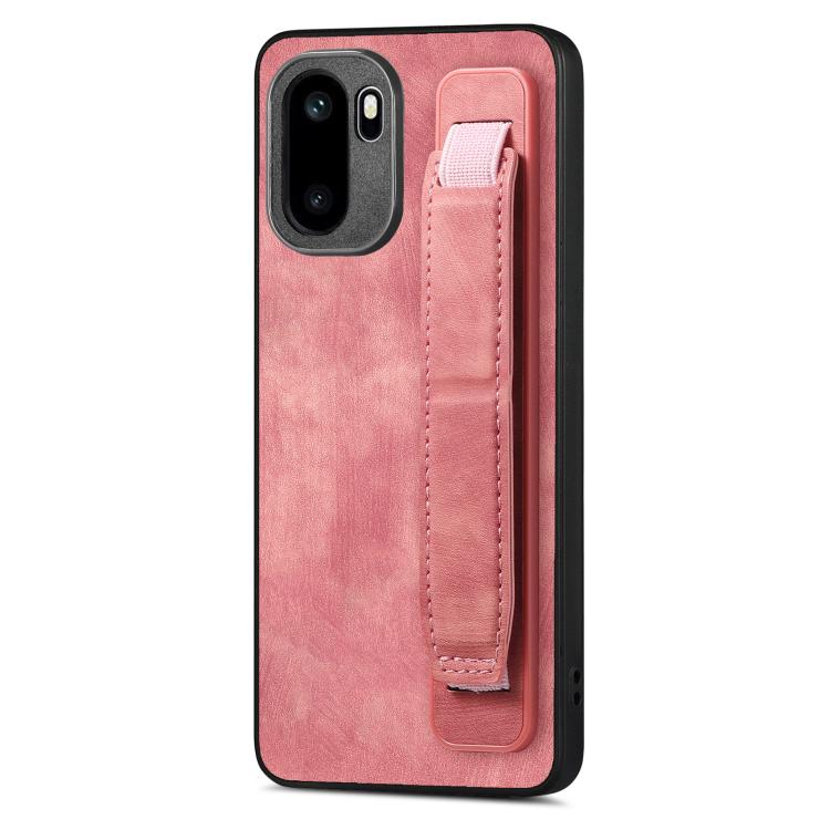 Pink leather back phone case with vertical wristband holder strap and camera cutouts.