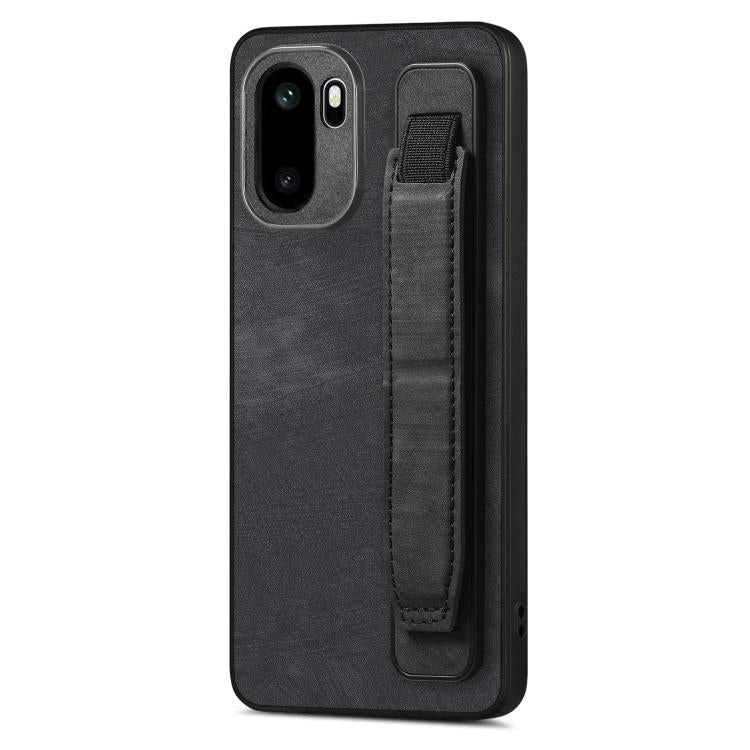 Black leather back phone case with stitched wristband holder strap and camera cutouts.