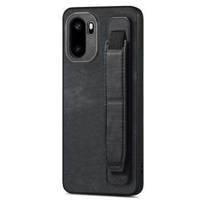 Black leather back phone case with stitched wristband holder strap and camera cutouts.