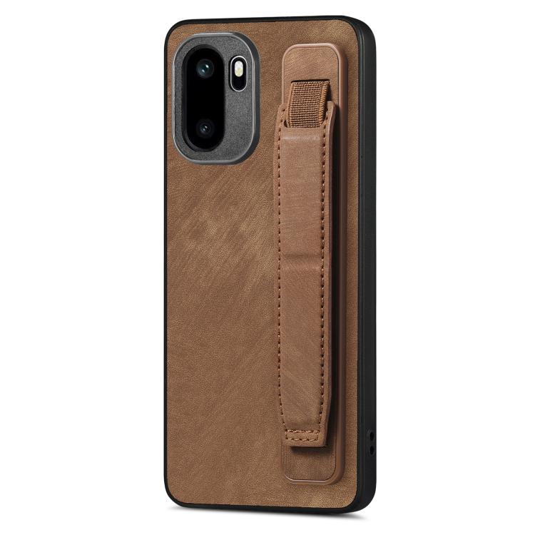 Brown leather back phone case with vertical wristband holder strap and camera cutouts.