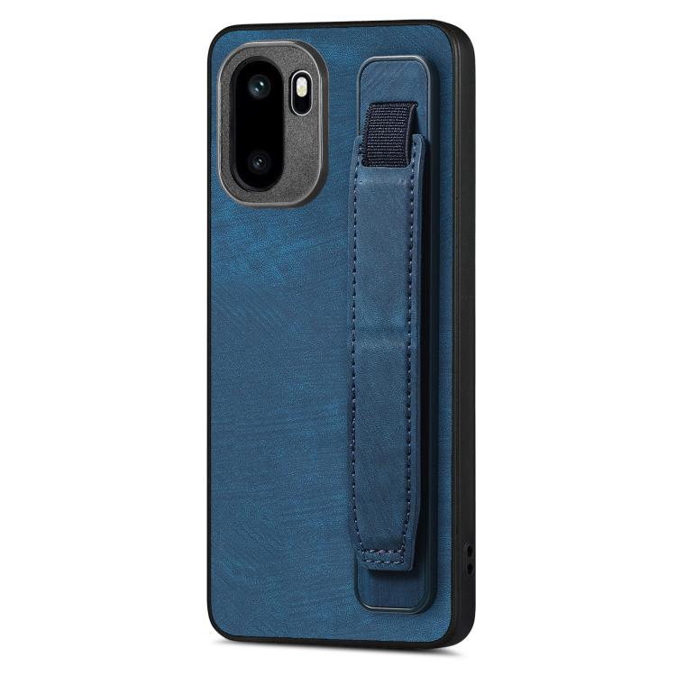 Blue leather back phone case with stitched wristband holder strap and camera cutouts.