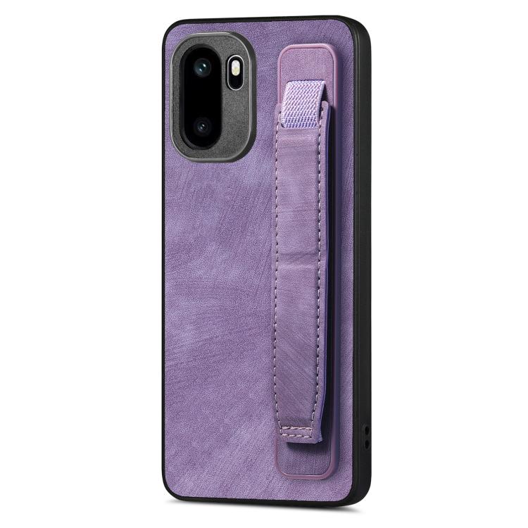 Purple leather back phone case with vertical wristband holder strap and camera cutouts.