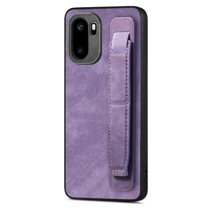 Purple leather back phone case with vertical wristband holder strap and camera cutouts.